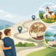 Illustration zur Suche nach einer Kommunions-Location in Hagen: Ein Paar blickt auf einen Weg mit Standortmarkierungen, der zu verschiedenen Veranstaltungsorten führt. In runden Ausschnitten sind eine Kirche mit Kommunionssymbolen, ein festlich gedeckter Saal sowie eine Feierlocation am Wasser zu sehen. Die Grafik symbolisiert die Auswahl der passenden Location für eine Kommunionsfeier in Hagen.
