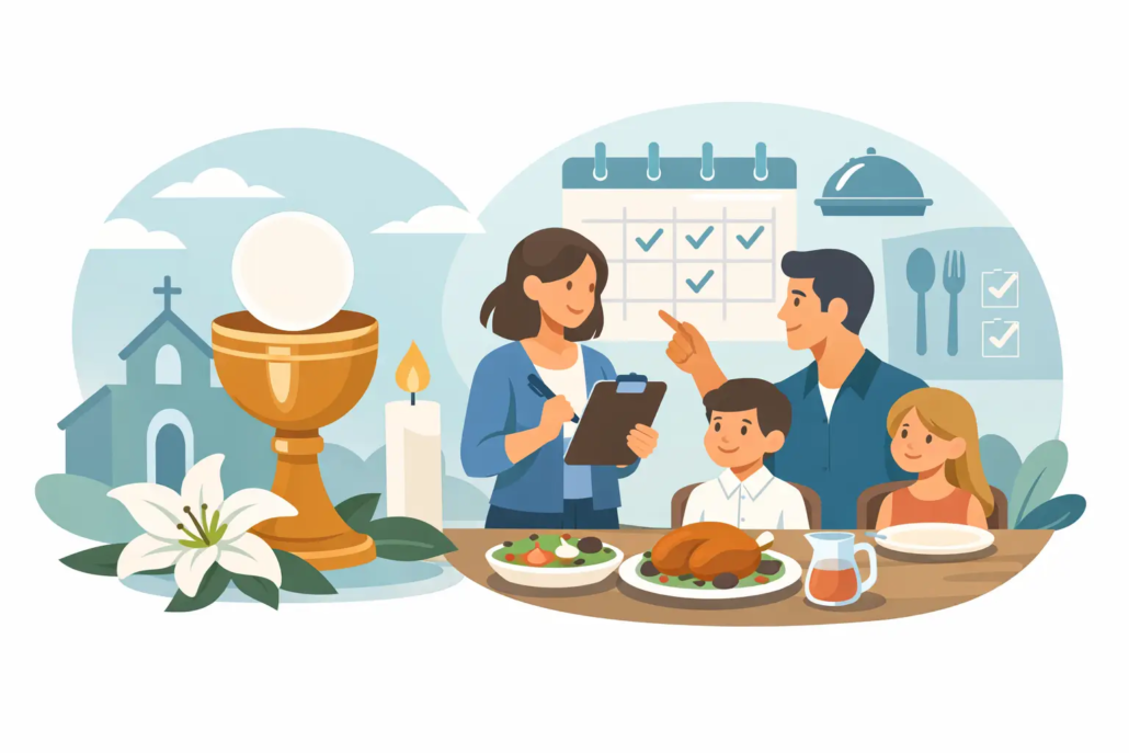 Familie plant eine Kommunion mit Familienessen im Restaurant – Checkliste, Kalender und festlich gedeckter Tisch mit Kommunionkelch, Kirche und Kindern zur Feierplanung.