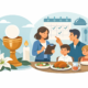 Familie plant eine Kommunion mit Familienessen im Restaurant – Checkliste, Kalender und festlich gedeckter Tisch mit Kommunionkelch, Kirche und Kindern zur Feierplanung.