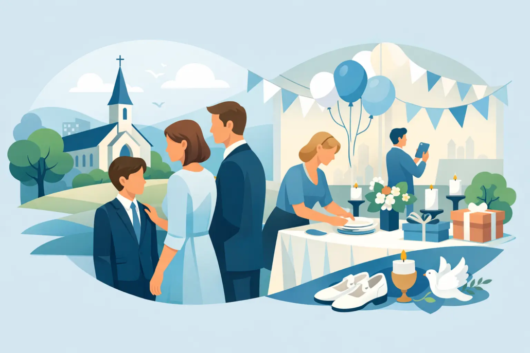 Illustration einer Konfirmationsfeier: Eine Familie mit einem Jungen in festlicher Kleidung steht vor einer Kirche. Daneben wird ein festlich dekorierter Empfang vorbereitet – mit Ballons, Girlanden, Kerzen, Blumen und Geschenken. Im Vordergrund sind weiße Schuhe, eine Kerze und eine weiße Taube als christliche Symbole der Konfirmation zu sehen. Die Szene vermittelt eine feierliche und familiäre Atmosphäre.