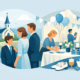 Illustration einer Konfirmationsfeier: Eine Familie mit einem Jungen in festlicher Kleidung steht vor einer Kirche. Daneben wird ein festlich dekorierter Empfang vorbereitet – mit Ballons, Girlanden, Kerzen, Blumen und Geschenken. Im Vordergrund sind weiße Schuhe, eine Kerze und eine weiße Taube als christliche Symbole der Konfirmation zu sehen. Die Szene vermittelt eine feierliche und familiäre Atmosphäre.