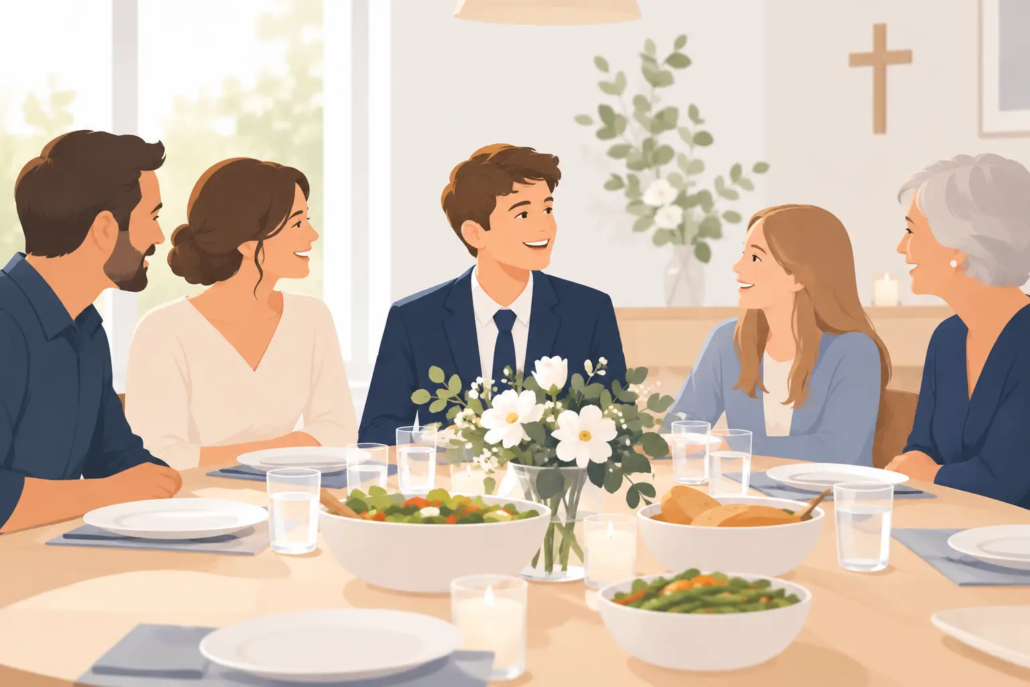 konfirmation-mit-familienessen-gestalten Illustration einer Konfirmationsfeier mit festlich gekleidetem Konfirmanden und Familie beim gemeinsamen Essen an einer dekorierten Tafel.