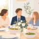 Illustration einer Konfirmationsfeier mit festlich gekleidetem Konfirmanden und Familie beim gemeinsamen Essen an einer dekorierten Tafel.