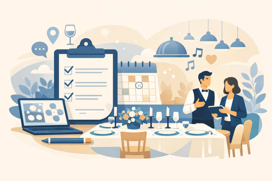 leitfaden-fuer-eventplanung-im-restaurant Illustration zur Eventplanung im Restaurant: Eine Eventplanerin bespricht mit einem Service-Mitarbeiter die Organisation einer Feier. Im Vordergrund stehen eine gedeckte Tafel, Laptop und Checkliste, während Kalender, Standort- und Gastronomie-Symbole den strukturierten Ablauf einer gelungenen Restaurantveranstaltung darstellen.