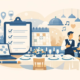 Illustration zur Eventplanung im Restaurant: Eine Eventplanerin bespricht mit einem Service-Mitarbeiter die Organisation einer Feier. Im Vordergrund stehen eine gedeckte Tafel, Laptop und Checkliste, während Kalender, Standort- und Gastronomie-Symbole den strukturierten Ablauf einer gelungenen Restaurantveranstaltung darstellen.