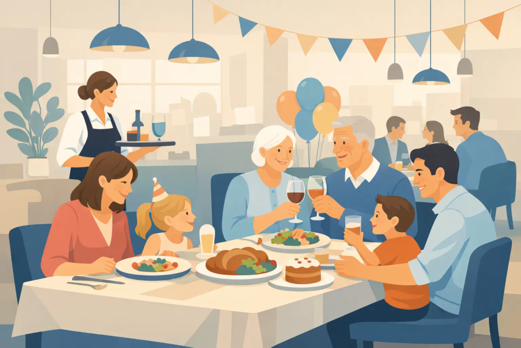 leitfaden-fuer-familienfeiern-im-restaurant Familienfeier im Restaurant mit mehreren Generationen an festlich gedecktem Tisch, Servicekraft, Geburtstagsdekoration und entspannter Atmosphäre.