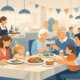 Familienfeier im Restaurant mit mehreren Generationen an festlich gedecktem Tisch, Servicekraft, Geburtstagsdekoration und entspannter Atmosphäre.