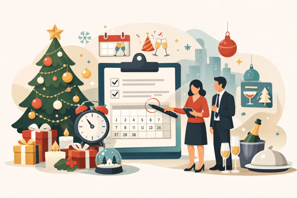 leitfaden-fuer-weihnachtsfeier-planung Illustration einer Weihnachtsfeier-Planung mit Checkliste, Kalender, Weihnachtsbaum, Geschenken und zwei Personen, die einen festlichen Firmenabend organisieren.