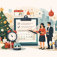 Illustration einer Weihnachtsfeier-Planung mit Checkliste, Kalender, Weihnachtsbaum, Geschenken und zwei Personen, die einen festlichen Firmenabend organisieren.