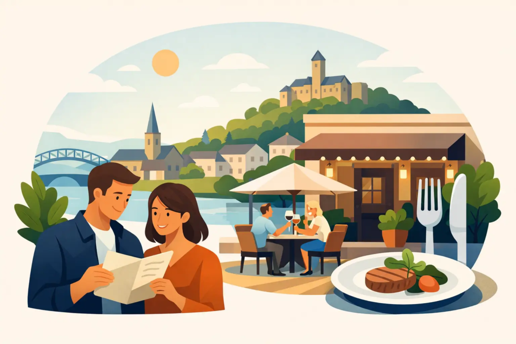 leitfaden-restaurantbesuch-hagen Illustration eines Restaurantbesuchs in Hagen mit Paar, Außengastronomie, Speisen und entspannter Atmosphäre