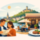 Illustration eines Restaurantbesuchs in Hagen mit Paar, Außengastronomie, Speisen und entspannter Atmosphäre