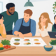 Illustration zur Menüplanung für gemischte Gruppen: Fünf Personen wählen gemeinsam verschiedene Gerichte für eine Feier aus.