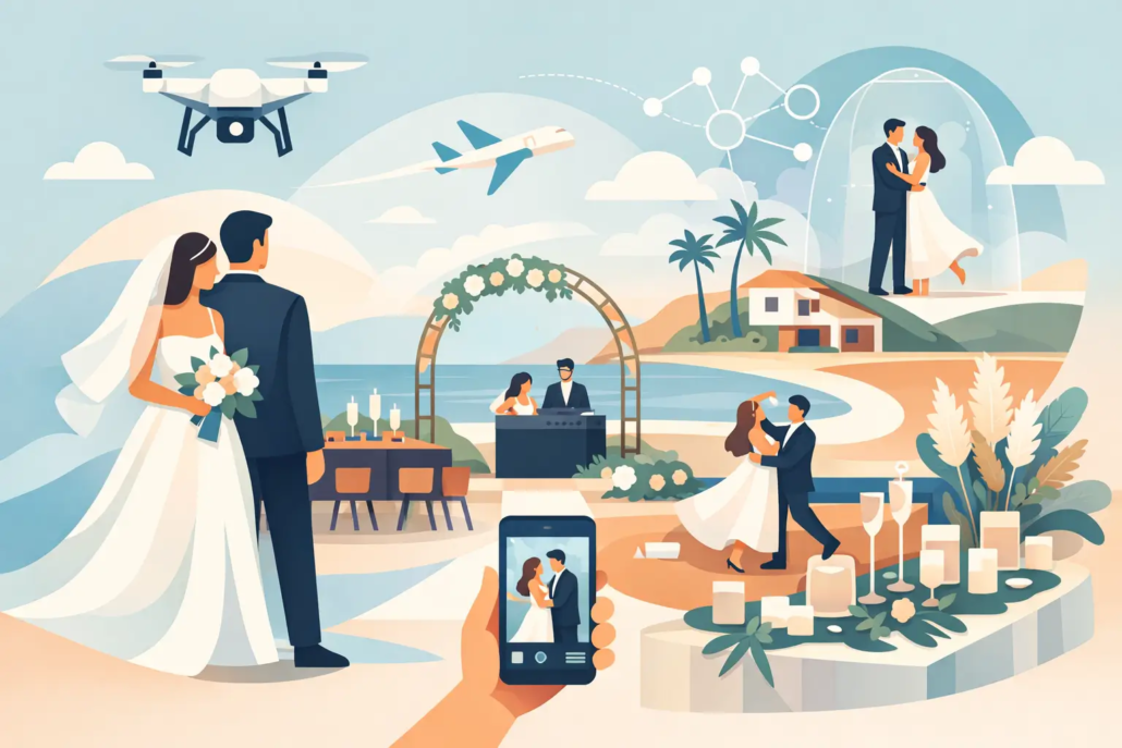 moderne-eventtrends-fuer-hochzeiten Illustration einer modernen Strandhochzeit: Ein Brautpaar steht am Meer vor einem dekorierten Traubogen, während Gäste feiern und tanzen. Im Bild sind außerdem ein Smartphone mit Hochzeitsfoto, eine Drohne, ein Flugzeug sowie grafische Netzwerksymbole zu sehen, die moderne Event- und Technologietrends bei Hochzeiten darstellen.