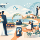 Illustration einer modernen Strandhochzeit: Ein Brautpaar steht am Meer vor einem dekorierten Traubogen, während Gäste feiern und tanzen. Im Bild sind außerdem ein Smartphone mit Hochzeitsfoto, eine Drohne, ein Flugzeug sowie grafische Netzwerksymbole zu sehen, die moderne Event- und Technologietrends bei Hochzeiten darstellen.