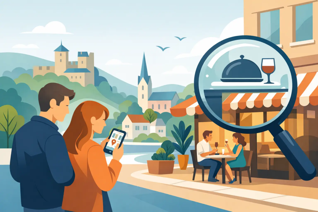 nettes-restaurant-in-hagen-finden Illustration eines Paares, das mit einem Smartphone nach einem netten Restaurant sucht. Im Hintergrund ist eine idyllische Kleinstadt mit Bergen, Kirche und Häusern zu sehen. Rechts zeigt eine große Lupe ein Restaurant mit gedecktem Tisch und Weinglas, während ein Paar draußen sitzt und gemeinsam isst.