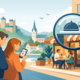 Illustration eines Paares, das mit einem Smartphone nach einem netten Restaurant sucht. Im Hintergrund ist eine idyllische Kleinstadt mit Bergen, Kirche und Häusern zu sehen. Rechts zeigt eine große Lupe ein Restaurant mit gedecktem Tisch und Weinglas, während ein Paar draußen sitzt und gemeinsam isst.