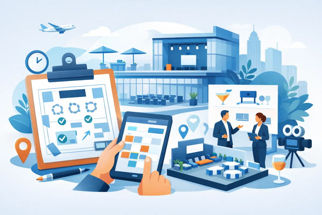 Business-Eventlocation mit Planungsunterlagen, Tablet und Besprechung zur Eventorganisation vor moderner Veranstaltungslocation mit Cocktailbereich, Raumplanung und Business-Meeting.