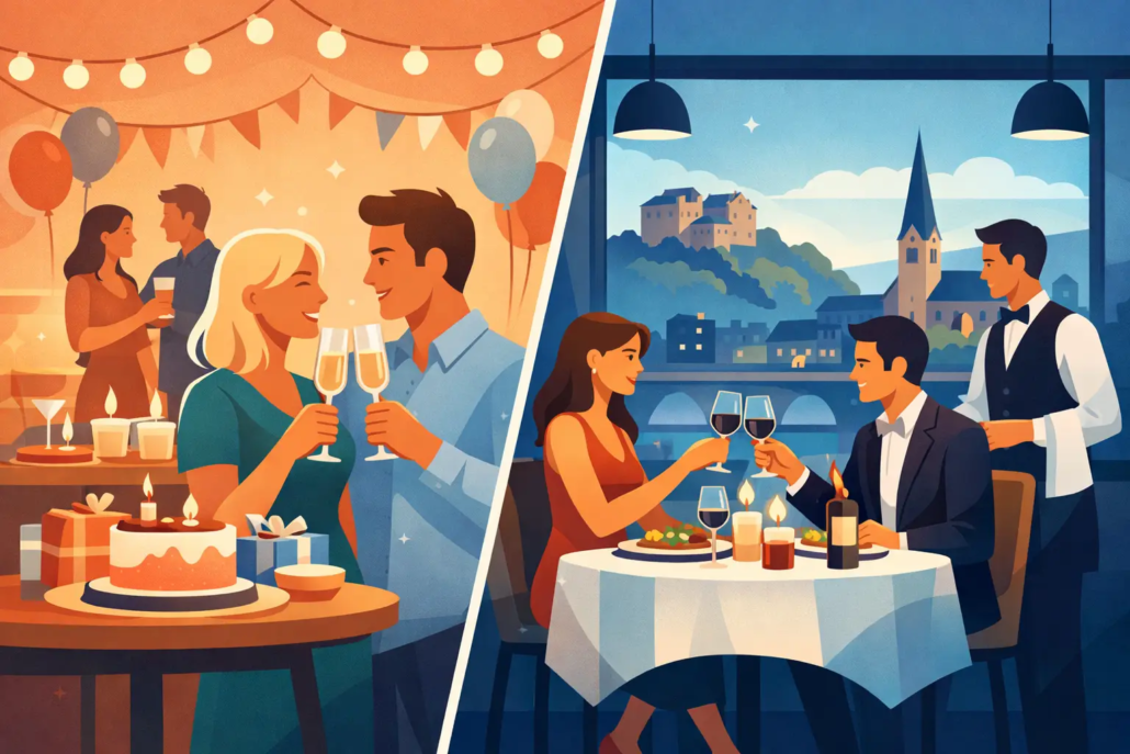 private-feier-oder-restaurantabend-hagen Illustration zum Vergleich zwischen privater Feier mit Geburtstagstorte und festlichem Restaurantabend mit Dinner und Wein in Hagen.