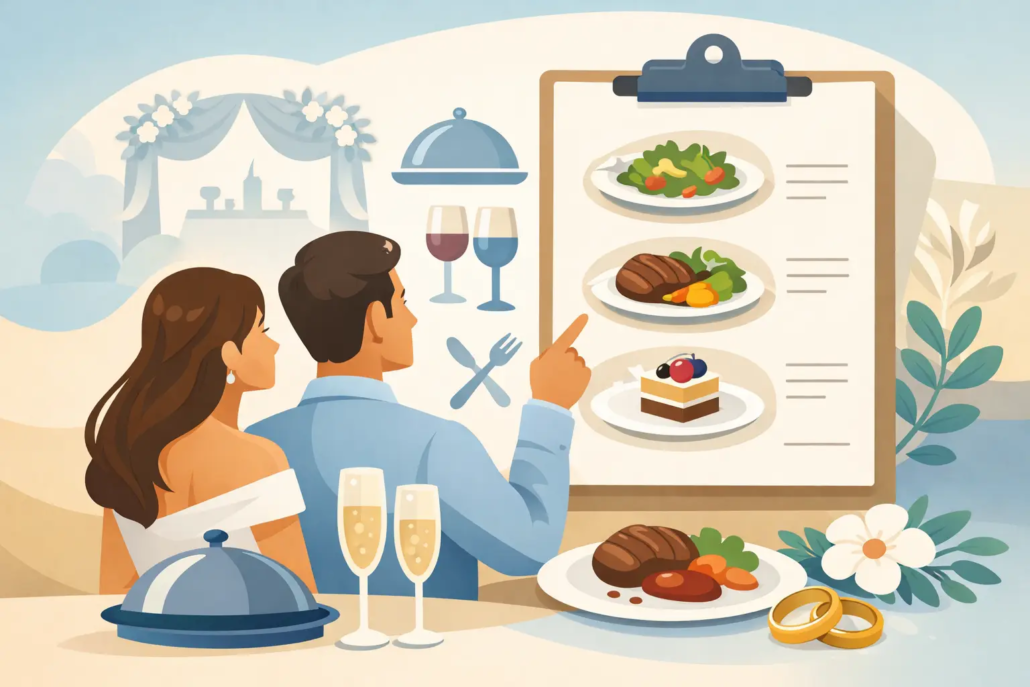 ratgeber-zur-hochzeitsmenue-auswahl Illustration eines Brautpaares bei der Auswahl des Hochzeitsmenüs mit Speisekarte, verschiedenen Gerichten und Sektgläsern.