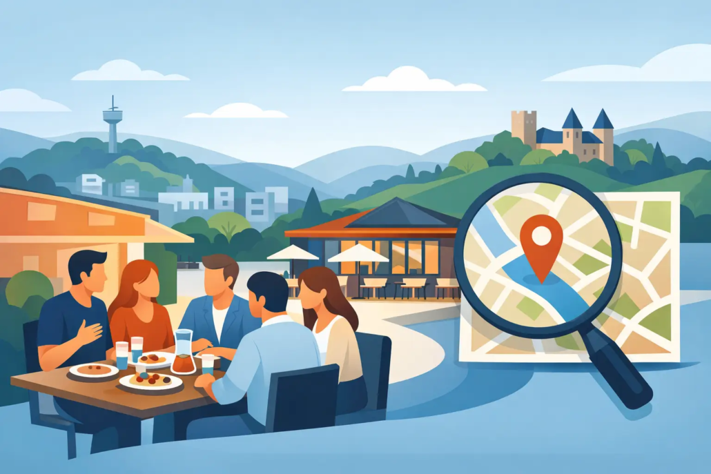 restaurant-fuer-gruppen-in-hagen-finden Illustration zur Suche nach einem Restaurant für Gruppen in Hagen: Mehrere Personen sitzen gemeinsam am Tisch, während eine Karte mit Standortmarkierung die Suche nach einer passenden Gruppenlocation symbolisiert.