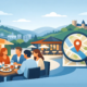 Illustration zur Suche nach einem Restaurant für Gruppen in Hagen: Mehrere Personen sitzen gemeinsam am Tisch, während eine Karte mit Standortmarkierung die Suche nach einer passenden Gruppenlocation symbolisiert.