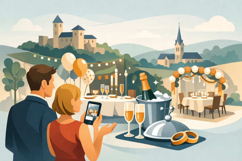 Paar plant eine Jubiläumsfeier in einem stilvollen Restaurant mit festlich gedeckten Tischen, Sekt, Ballons und romantischer Dekoration vor einer malerischen Kulisse mit Burg und Kirche.