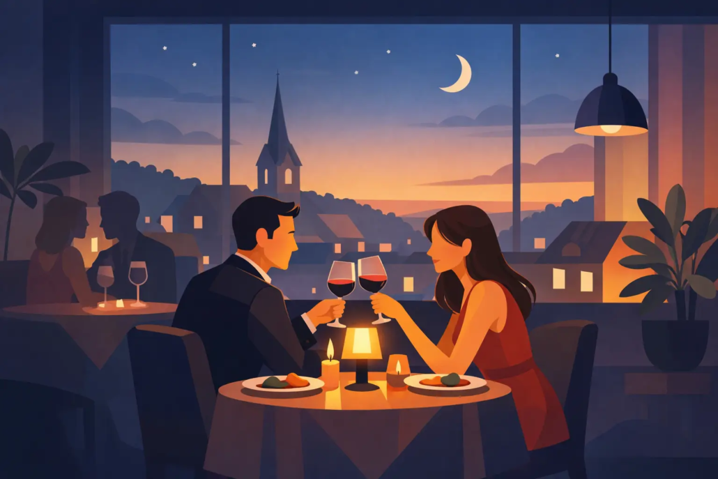 Illustration eines Paares bei einem romantischen Abendessen im Restaurant mit Wein, Kerzenlicht und Blick auf die nächtliche Skyline von Hagen.