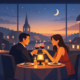 Illustration eines Paares bei einem romantischen Abendessen im Restaurant mit Wein, Kerzenlicht und Blick auf die nächtliche Skyline von Hagen.