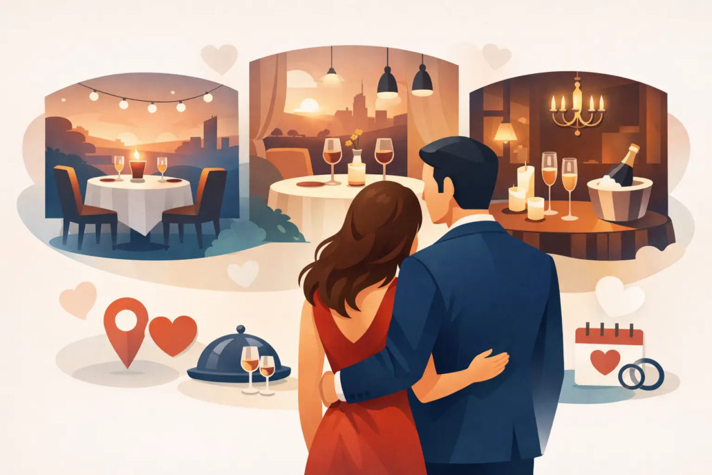 Illustration eines Paares, das ein Restaurant für ein romantisches Jahrestag-Abendessen auswählt. Im Hintergrund sind verschiedene stimmungsvolle Restaurant-Szenen mit Kerzenlicht, Wein, Champagner und elegant gedeckten Tischen zu sehen. Symbole wie Herz, Standortmarkierung, Kalender und Eheringe stehen für Romantik, besondere Anlässe und die Planung eines unvergesslichen gemeinsamen Abends.