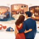 Illustration eines Paares, das ein Restaurant für ein romantisches Jahrestag-Abendessen auswählt. Im Hintergrund sind verschiedene stimmungsvolle Restaurant-Szenen mit Kerzenlicht, Wein, Champagner und elegant gedeckten Tischen zu sehen. Symbole wie Herz, Standortmarkierung, Kalender und Eheringe stehen für Romantik, besondere Anlässe und die Planung eines unvergesslichen gemeinsamen Abends.