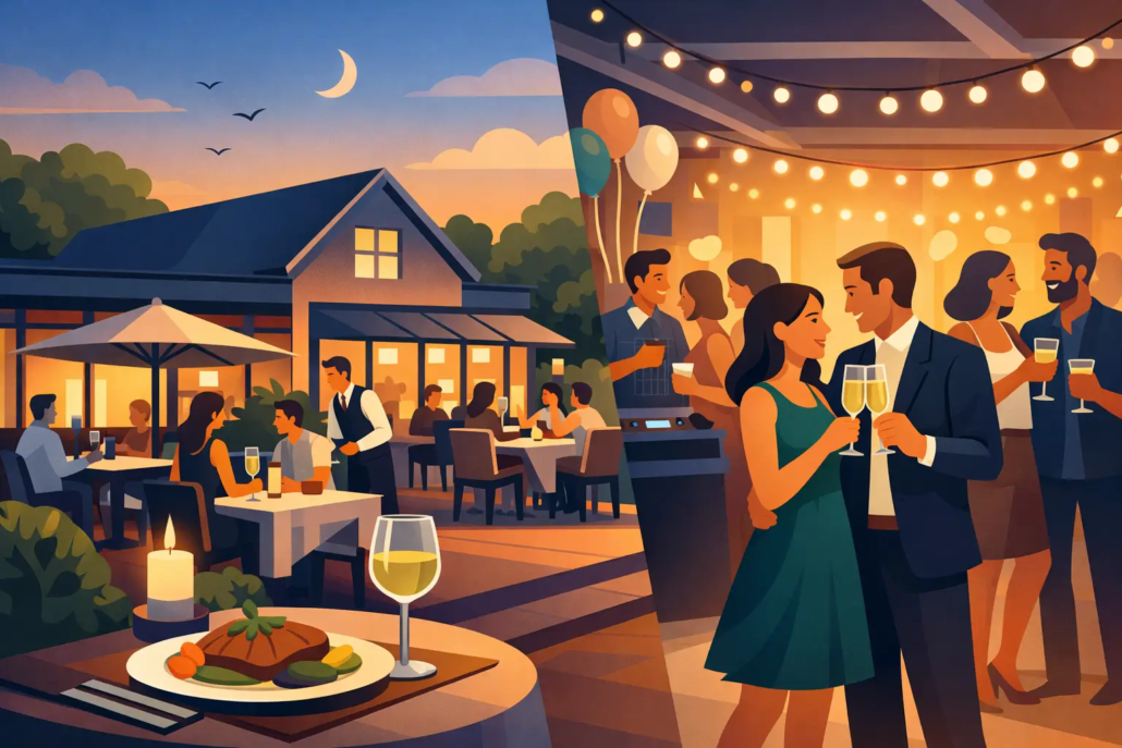 Gemütliche Restaurant- und Eventlocation bei Abendstimmung: Links genießen Gäste ein Abendessen auf einer beleuchteten Terrasse mit Wein und Service, rechts feiern Menschen bei einer stilvollen Veranstaltung mit Lichterketten, Getränken und entspannter Atmosphäre. Die Illustration vermittelt die Kombination aus gutem Essen, geselligem Beisammensein und modernen Eventmöglichkeiten für Feiern, Hochzeiten oder Firmenveranstaltungen.