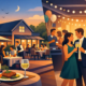 Gemütliche Restaurant- und Eventlocation bei Abendstimmung: Links genießen Gäste ein Abendessen auf einer beleuchteten Terrasse mit Wein und Service, rechts feiern Menschen bei einer stilvollen Veranstaltung mit Lichterketten, Getränken und entspannter Atmosphäre. Die Illustration vermittelt die Kombination aus gutem Essen, geselligem Beisammensein und modernen Eventmöglichkeiten für Feiern, Hochzeiten oder Firmenveranstaltungen.