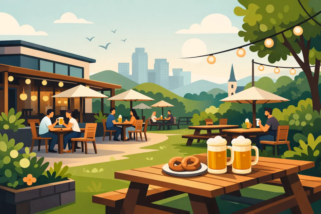 Illustration eines Restaurants mit Biergarten-Flair in Hagen: Gäste sitzen an Tischen im Freien, genießen Getränke und Speisen in einer grünen Gartenatmosphäre mit Lichterketten und Stadtkulisse im Hintergrund.
