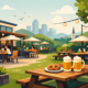 Illustration eines Restaurants mit Biergarten-Flair in Hagen: Gäste sitzen an Tischen im Freien, genießen Getränke und Speisen in einer grünen Gartenatmosphäre mit Lichterketten und Stadtkulisse im Hintergrund.