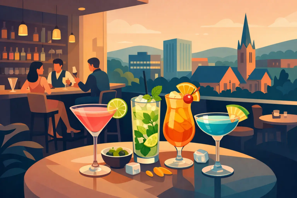 Moderne Cocktailbar in Hagen mit stilvollem Ambiente und Panoramablick auf die Stadt. Auf einem Tisch stehen verschiedene Cocktails, darunter Mojito, fruchtige Longdrinks und klassische Cocktails mit Limette, Minze und Zitrusfrüchten. Im Hintergrund genießen Gäste ihre Getränke an der Bar bei entspannter Abendstimmung. Die Illustration symbolisiert ein Restaurant mit großer Cocktailkarte in Hagen, ideal für gesellige Abende, Dates, Firmenfeiern und besondere Anlässe.