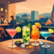 Moderne Cocktailbar in Hagen mit stilvollem Ambiente und Panoramablick auf die Stadt. Auf einem Tisch stehen verschiedene Cocktails, darunter Mojito, fruchtige Longdrinks und klassische Cocktails mit Limette, Minze und Zitrusfrüchten. Im Hintergrund genießen Gäste ihre Getränke an der Bar bei entspannter Abendstimmung. Die Illustration symbolisiert ein Restaurant mit großer Cocktailkarte in Hagen, ideal für gesellige Abende, Dates, Firmenfeiern und besondere Anlässe.