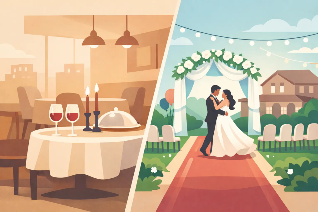 restaurant-oder-eventlocation-hochzeit estaurant oder Eventlocation für die Hochzeit – stilvolles Hochzeitsdinner im Restaurant und romantische freie Trauung im Außenbereich als Vergleich zweier Hochzeitskonzepte.