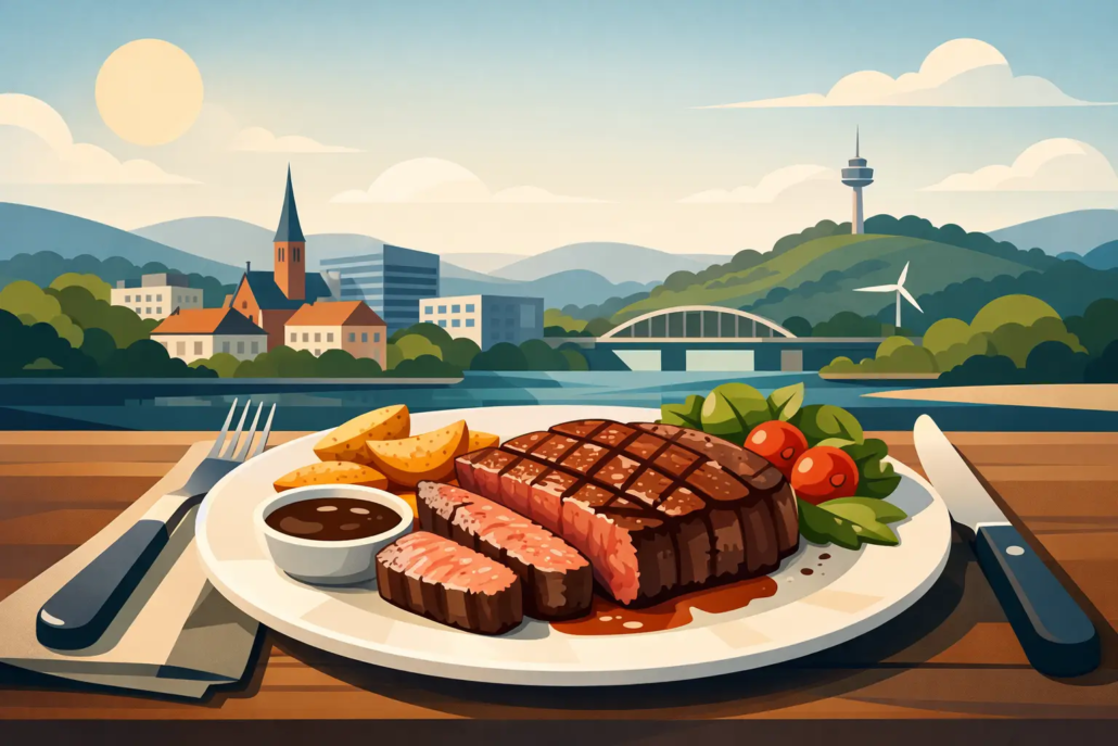 Illustration eines saftigen Rumpsteaks in einem Restaurant in Hagen: Auf einem Teller liegen ein gegrilltes Rumpsteak mit sichtbarem Grillmuster, Kartoffelspalten, Salat und Sauce. Im Hintergrund sind ein Fluss, eine Brücke, die Hagener Stadtsilhouette und der Fernmeldeturm zu sehen. Die Szene steht für hochwertigen Steakgenuss, moderne Gastronomie und kulinarische Erlebnisse in Hagen.