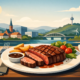 Illustration eines saftigen Rumpsteaks in einem Restaurant in Hagen: Auf einem Teller liegen ein gegrilltes Rumpsteak mit sichtbarem Grillmuster, Kartoffelspalten, Salat und Sauce. Im Hintergrund sind ein Fluss, eine Brücke, die Hagener Stadtsilhouette und der Fernmeldeturm zu sehen. Die Szene steht für hochwertigen Steakgenuss, moderne Gastronomie und kulinarische Erlebnisse in Hagen.