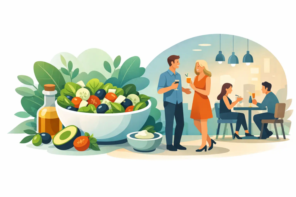 salate-restaurant-hagen Illustration eines frischen Salats mit mediterranen Zutaten wie Avocado, Oliven, Gurke und Tomaten sowie Gästen, die in einem modernen Restaurant essen und Cocktails genießen – passend zum Thema Salate im Restaurant in Hagen.