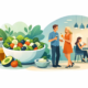 Illustration eines frischen Salats mit mediterranen Zutaten wie Avocado, Oliven, Gurke und Tomaten sowie Gästen, die in einem modernen Restaurant essen und Cocktails genießen – passend zum Thema Salate im Restaurant in Hagen.
