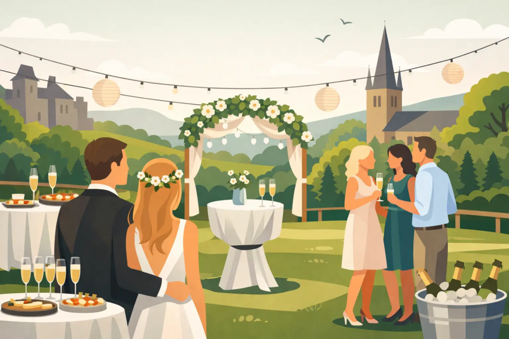 sektempfang-ideen-hochzeit-hagen Sektempfang bei einer Hochzeit im Grünen mit Brautpaar, Gästen, Sektgläsern und festlicher Dekoration.