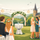 Sektempfang bei einer Hochzeit im Grünen mit Brautpaar, Gästen, Sektgläsern und festlicher Dekoration.