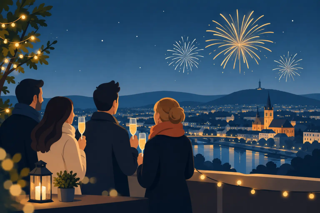 silvester-party-hagen Illustration einer Silvesterparty in Hagen mit Freunden, Sektgläsern und festlicher Lichterkette, während ein Feuerwerk über der Stadt den Jahreswechsel einläutet.