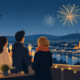 Illustration einer Silvesterparty in Hagen mit Freunden, Sektgläsern und festlicher Lichterkette, während ein Feuerwerk über der Stadt den Jahreswechsel einläutet.
