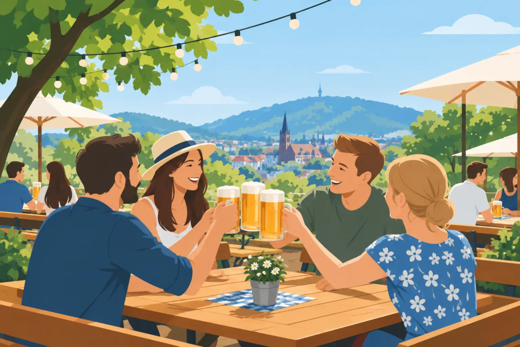 sommerfest-im-biergarten-hagen Sommerfest im Biergarten in Hagen mit Freunden, kühlen Getränken und geselliger Atmosphäre bei sonnigem Wetter.
