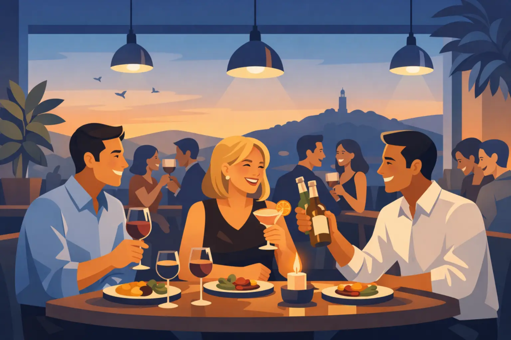 Illustration eines Teamabends in einem Restaurant in Hagen: Mehrere Kolleginnen und Kollegen sitzen in entspannter Atmosphäre bei Essen, Wein und Cocktails zusammen. Im Hintergrund unterhalten sich weitere Gäste, während durch die Fenster die Hagener Skyline bei Sonnenuntergang zu sehen ist. Die Szene vermittelt Geselligkeit, Teambuilding und einen gelungenen gemeinsamen Abend nach der Arbeit.