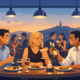 Illustration eines Teamabends in einem Restaurant in Hagen: Mehrere Kolleginnen und Kollegen sitzen in entspannter Atmosphäre bei Essen, Wein und Cocktails zusammen. Im Hintergrund unterhalten sich weitere Gäste, während durch die Fenster die Hagener Skyline bei Sonnenuntergang zu sehen ist. Die Szene vermittelt Geselligkeit, Teambuilding und einen gelungenen gemeinsamen Abend nach der Arbeit.