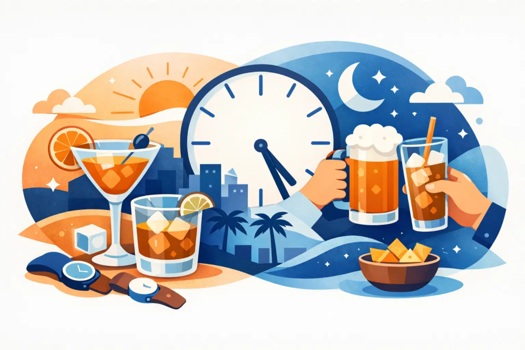 wann-beginnt-die-happy-hour Illustration zur Happy Hour mit großer Uhr, Cocktails, Bier und Longdrink vor einer stilisierten Abendkulisse.