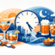 Illustration zur Happy Hour mit großer Uhr, Cocktails, Bier und Longdrink vor einer stilisierten Abendkulisse.